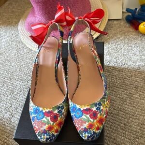 J.Crew floral sling backs with ribbon tie